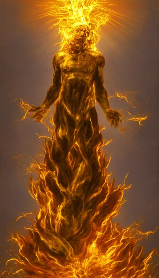 Image similar to a surreal painting of a god made of golden fire, volumetric lighting