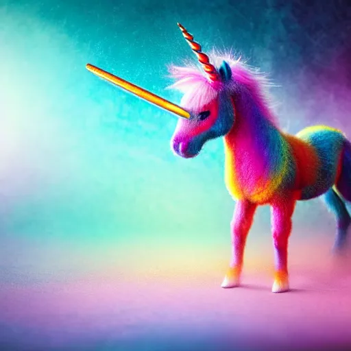 Image similar to full body pose, hyperrealistic photograph of a cute fuzzy rainbow unicorn, dim volumetric lighting, 8 k, octane beautifully detailed render, extremely hyper detailed, intricate, epic composition, cinematic lighting, masterpiece, trending on artstation, very very detailed, stunning, hdr, smooth, sharp focus, high resolution, award, winning photo, dslr, 5 0 mm