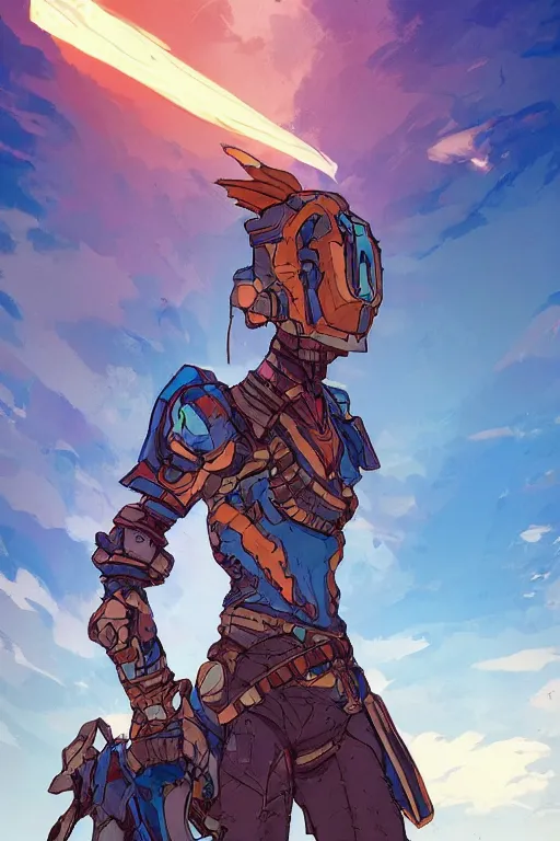 Image similar to combination suit armor aloy horizon forbidden west horizon zero dawn robot ninja mask helmet backpack tribal, art gta 5 comics, official fanart behance hd artstation by jesper ejsing, by rhads, makoto shinkai and lois van baarle, ilya kuvshinov, ossdraws radiating a glowing aura cgi rtx 2 0 2 2