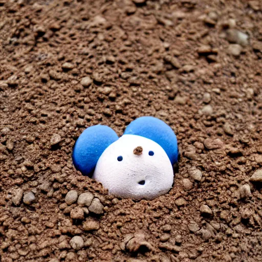 Image similar to photo of a small round creature made of dirt with round blue eyes and a round clown nose and a cute smile