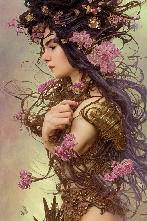 Prompt: closeup portrait of a beautiful mysterious woman warrior wearing armour, holding a bouquet of flowers, hands disappeared under the bouquet, flowing hair, underwater, bubbles from the mouth, fantasy, regal, intricate, art nouveau, swirly intricate linework background by stanley artgerm lau, greg rutkowski, thomas kinkade, alphonse mucha, loish, norman rockwell