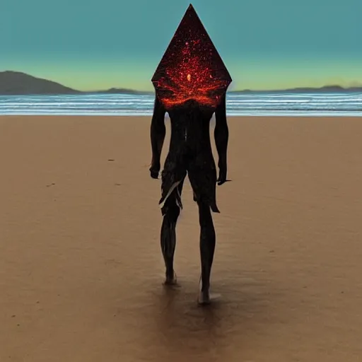 Prompt: pyramid head walking on the beach, realistic