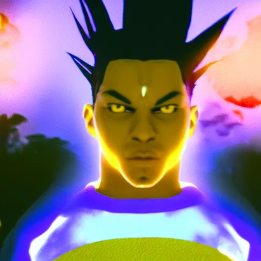 Prompt: denzel curry with yellow super saiyan hair, glowing aura, rendered in unreal engine 5, volumetric lighting, shading, cinematic shot