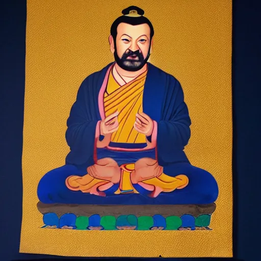 Image similar to thangka painting of matteo salvini, hyperrealistic, trending on artstation