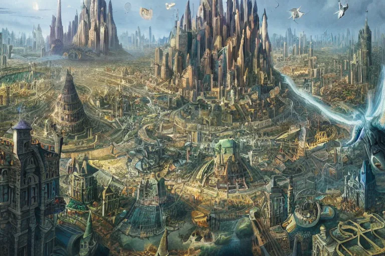 Prompt: a beautiful stunning insanely detailed matte painting of a magical mythical city buzzing with activity by Heironymous Bosch and Jim Burns