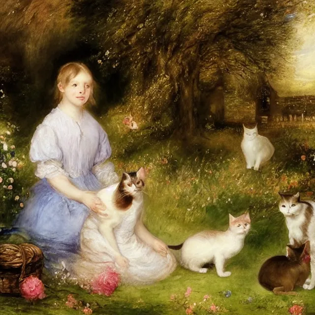 Prompt: beautiful, A girl and two cats sitting in a flower-filled yard by William Turner