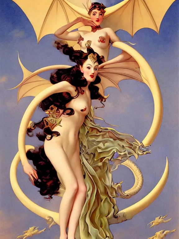 Prompt: Dragon goddess takes flight, a beautiful art nouveau portrait by Gil elvgren and Gerald brom, centered composition, defined features, golden ratio