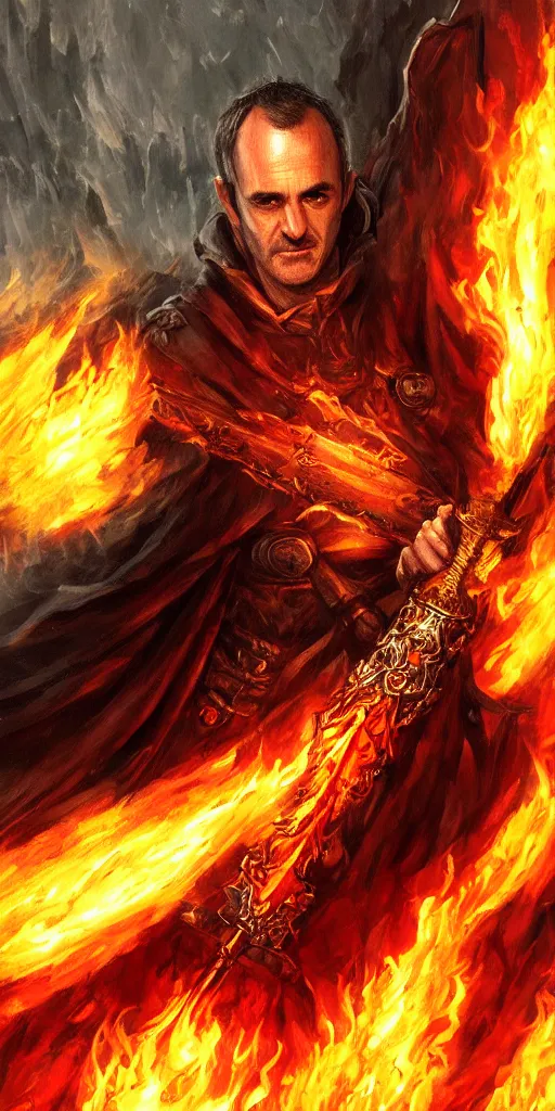 Image similar to stannis baratheon, artstation, flaming sword, high detail, dramatic lighting