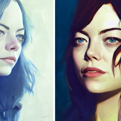 Image similar to emma stone : left - half is sad emma stone, right - half is smiling emma stone, fine details, realistic shaded lighting poster by greg rutkowski, magali villeneuve, artgerm, jeremy lipkin and michael garmash and rob rey