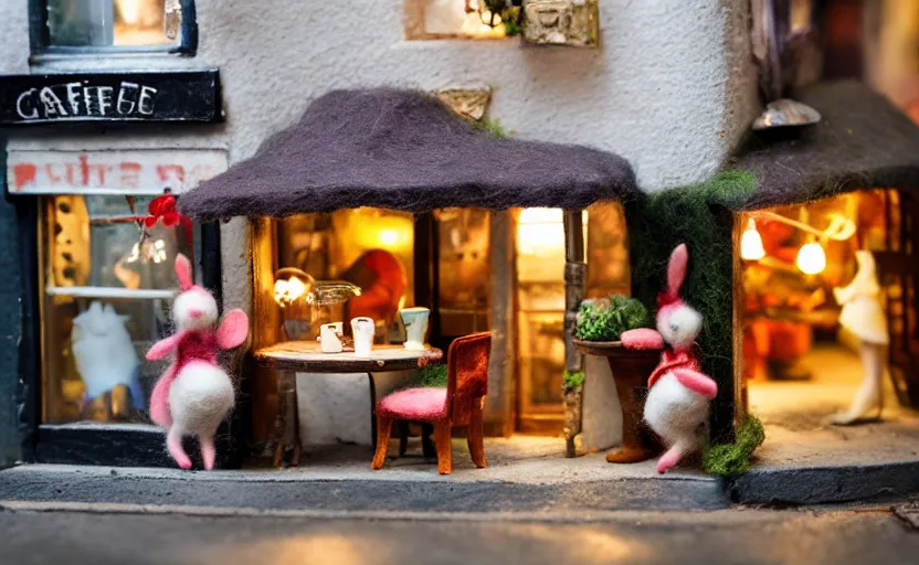 Image similar to miniature cafe diorama, macro photography, cafe with felted bunnies on a date, alleyway, ambient, atmospheric lighting, british, cozy, bokeh, romantic, colorful lanterns, cute decor