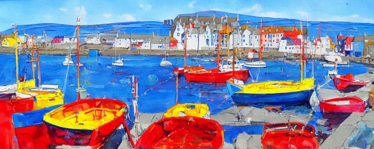 Prompt: a painting of the harbour at Stromness orkney, bright, vibrant, vivid, colorful