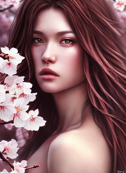 Image similar to photo of a gorgeous female with messy hair in the style of stefan kostic, realistic, body shot, sharp focus, 8 k high definition, insanely detailed, intricate, elegant, art by stanley lau and artgerm, cherry blossoms