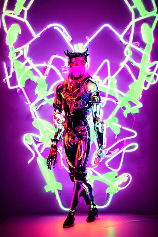 Prompt: full-body neon porcelain baroque cyberpunk style sculpture of a muscular handsome prince as a high-fashion half-robot wearing retro shades with a porcelain body, corrupted battery, leaking glowing neon radioactive liquid, electric sparks, glowing violet laser beam eyes, crown of giant crt monitors, flowing pink and orange neon-colored glitched silk, luminescent fabrics, mechanical raptors. baroque and steampunk elements. full-length view. baroque element. intricate artwork by caravaggio. Very very very very highly detailed epic photo of face. Trending on artstation, octane render, cinematic lighting from the right, hyper realism, octane render, 8k, depth of field, 3D