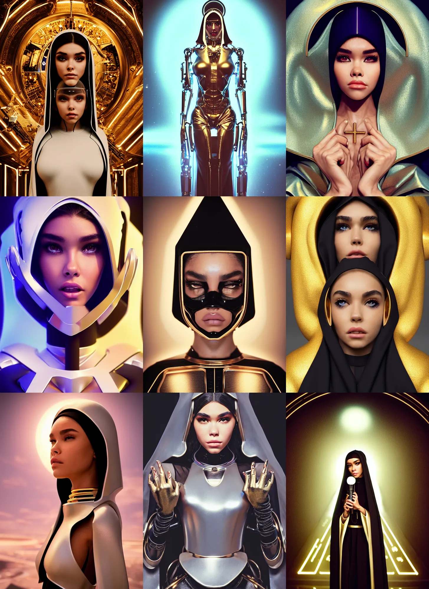 Prompt: madison beer as edm nun cyborg woman | jewelry | glamorous oily soft polished rich alluring ornate modern | weta disney movie still photo | hi - fructose, sci fi fantasy, golden ratio, smooth, octane render, sharp focus, artstation, concept art | beeple, rhads, rutkowski, artgerm, mucha, wlop, loish |