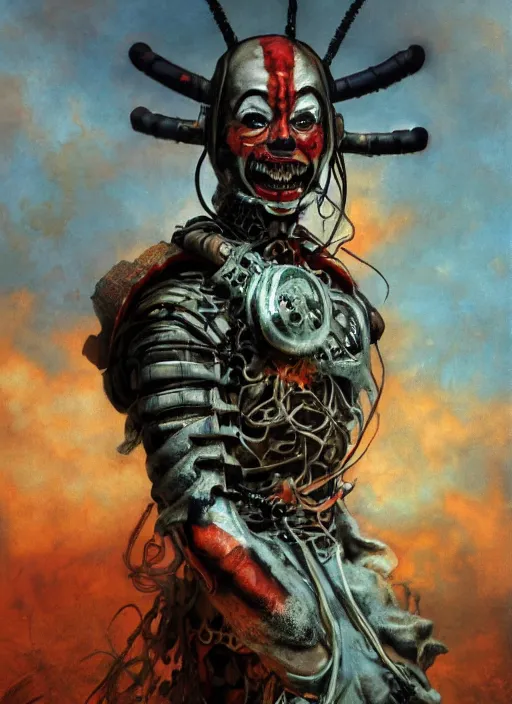 Prompt: portrait of a diabolical cyborg clown samurai on fire, wearing burning torn cape, dynamic pose, glowing eyes, post apocalyptic ancient ruins, glowing veins subsurface scattering, in clouds, sunset, portrait, by gerald brom, by mikhail vrubel, by peter elson, muted colors, extreme detail, reflections, trending on artstation, 8 k
