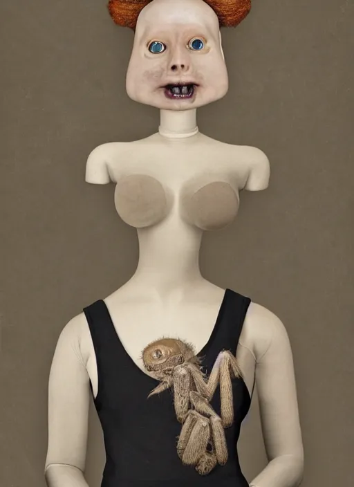Prompt: surreal portrait of a creature with the body of a 1950's school-girl dress wearing mannequin and whose head is a tarantula, inspired by Mark Ryden and Marion Peck, hints of Cronenberg