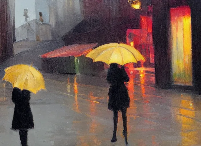 Prompt: evening city scene with young woman with umbrella. beautiful use of light and shadow to create a sense of depth and movement. using energetic brushwork and a limited color palette, providing a distinctive look and expressive quality in a rhythmic composition