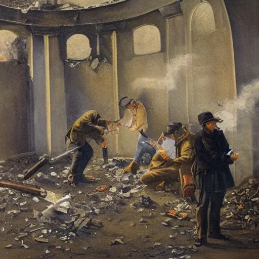 Image similar to Beautiful painting of Irish rebels smoking cigarettes inside a ruined building, General Post Office in Dublin, 4K