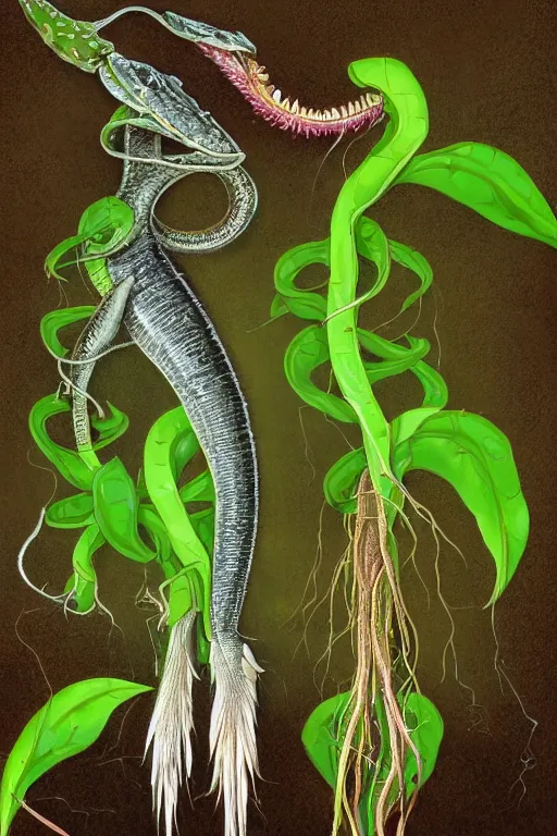 Prompt: a carnivorous plant with a long vine and the head of a barracuda, a carnivorous plant with a long vine and the head of a alligator, side view of a plant showing roots stem and bud, plant photograph showing roots underground