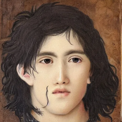 Prompt: painting of a shaggy black haired black eyed teenager boy with a black sweater, renaissance!!! painting!!!, ultra detailed, masterpiece, baroque