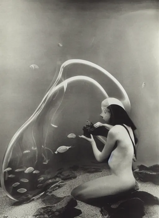 Image similar to girl in a aquarium as a tropical fish, surreal photography by Man Ray