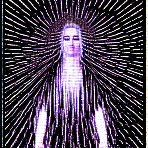Image similar to vhs static overlay of marian apparition, vhs, 1 9 9 0, beautiful, highly realistic, highly detailed, vhs noise static, black and white, vhs glitch