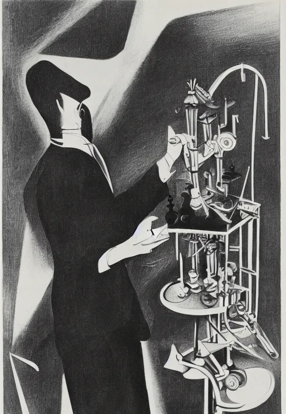 Image similar to a concept drawing of marcel duchamp holding up a chess - piece wire - machine, a surrealist painting by marcel duchamp, complex artificial - intelligence machinery, 1 9 2 0 s