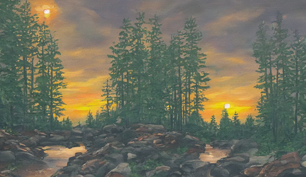 Image similar to a painting of a sunset with a forest, a crystalline stream with rocks and a wood cabin