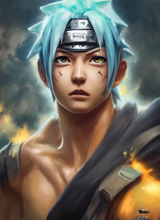 Image similar to ( ( ( hyperrealist cg an epic fantasy comic book style portrait painting of a naruto ) ) ) by daniel f. gerhartz and matt stewart, fantasy, photorealistic, octane render, unreal engine, dynamic lighting, perfect factions, very detailed faces, trending on artstation, poster, volumetric lighting, 4 k, award winning