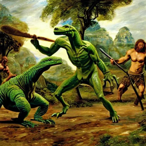 Image similar to A green scaly dinosaur!!! fighting with several realistic detailed cavemen with proportioned bodies, the cavemen are armed with spears, the caveman are in a fighting stance, the cavemen are wearing animal furs, coarse canvas, visible brushstrokes, intricate, extremely detailed painting by John Constable