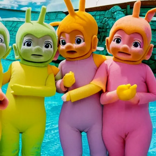 Prompt: Teletubbies in a swimming pool full of noodle soup