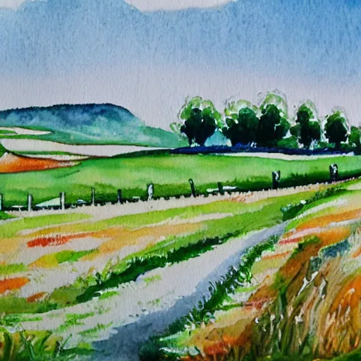 Prompt: warm and beautiful watercolor painting of countryside france normandy