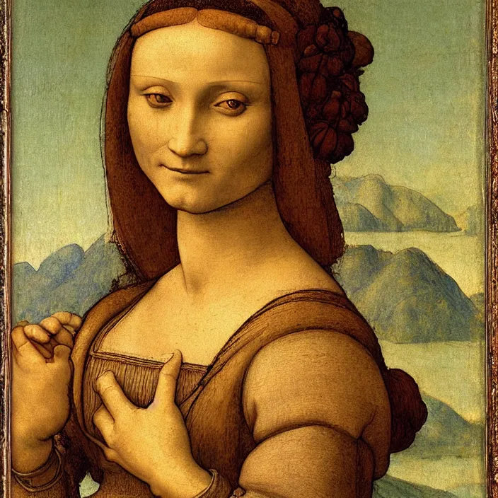 Image similar to a portrait of a woman painted by leonardo da vinci. the woman in the painting is shown seated with her hands folded in her lap. she is wearing a simple dress with a pattern of flowers. her hair is pulled back from her face and she has a small, faint smile. the background of the painting is a landscape of rolling hills and mountains.