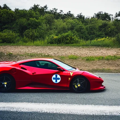 Prompt: Ferrari wheels on a BMW car moving on the road