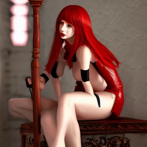 Image similar to gorgeous redhead gynoid posing flirty sitting, photorealistic, highly detailed,