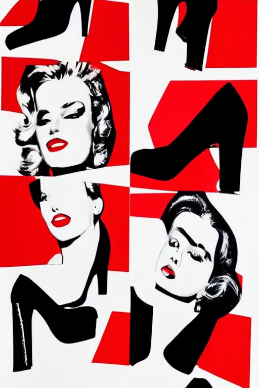 Image similar to black high heels with red bottoms, illustration, graphic design, high fashion, wall art, elegant, in the style of andy warhol,