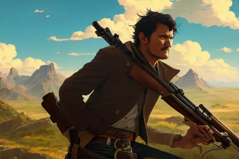 Image similar to old pedro pascal as a cowboy with a beautiful rifle, single subject, mountaineous background, scenic full shot, ambient lighting, detailed face, by makoto shinkai, stanley artgerm lau, wlop, rossdraws