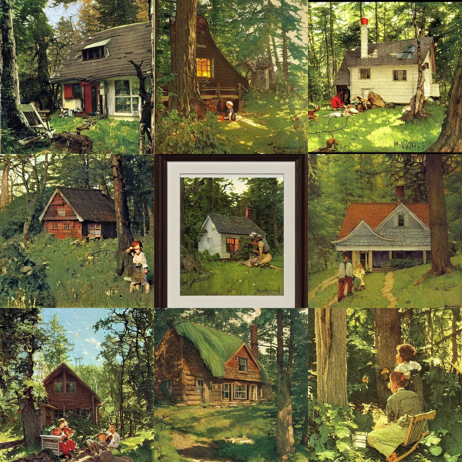 Prompt: cottage in the forest, art by norman rockwell