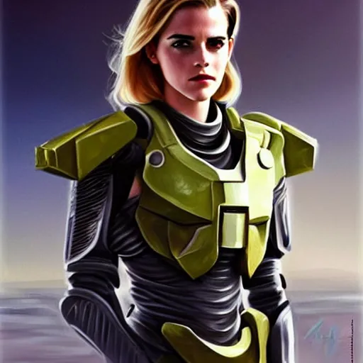Image similar to A combination of Emma Watson's and Grace Kelly's and Ashley Greene's appearances with blonde hair wearing Master Chief's armor, angular, full body portrait, futuristic, dramatic, fantasy, intricate, elegant, highly detailed, digital painting, artstation, concept art, matte, sharp focus, illustration, art by Donato Giancola and James Gurney