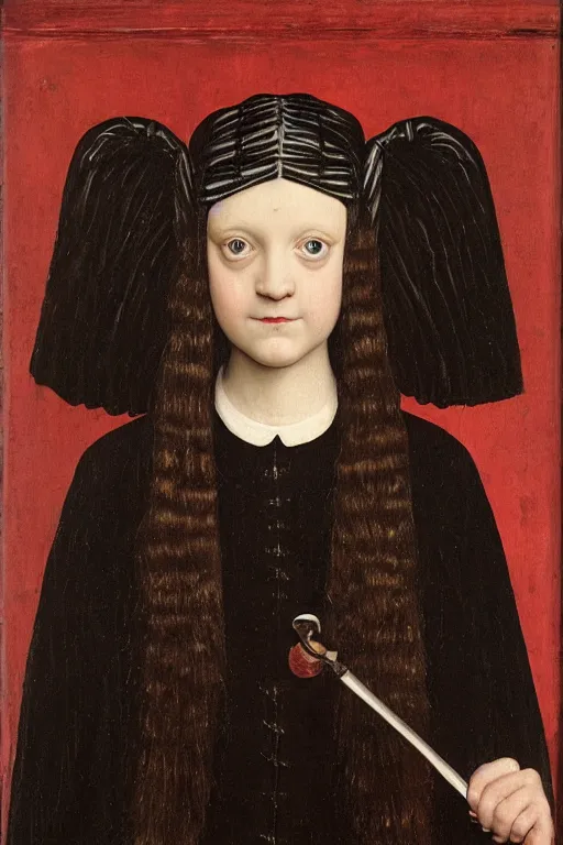 Image similar to portrait of wednesday addams, oil painting by jan van eyck, northern renaissance art, oil on canvas, wet - on - wet technique, realistic, expressive emotions, intricate textures, illusionistic detail