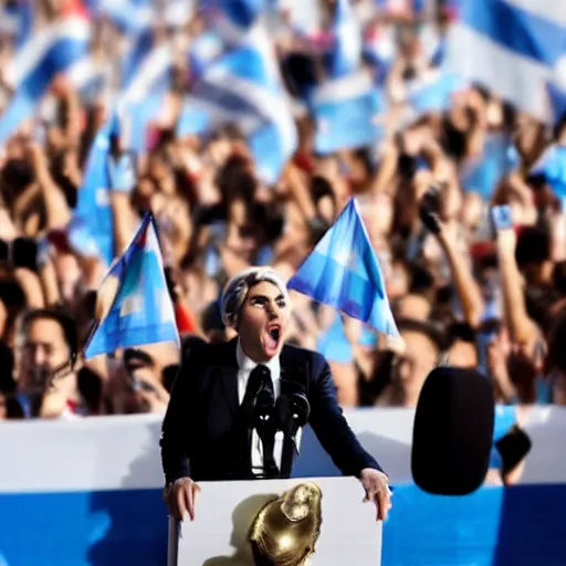 Image similar to Lady Gaga as president, Argentina presidential rally, Argentine flags behind, bokeh, giving a speech, detailed face, Argentina