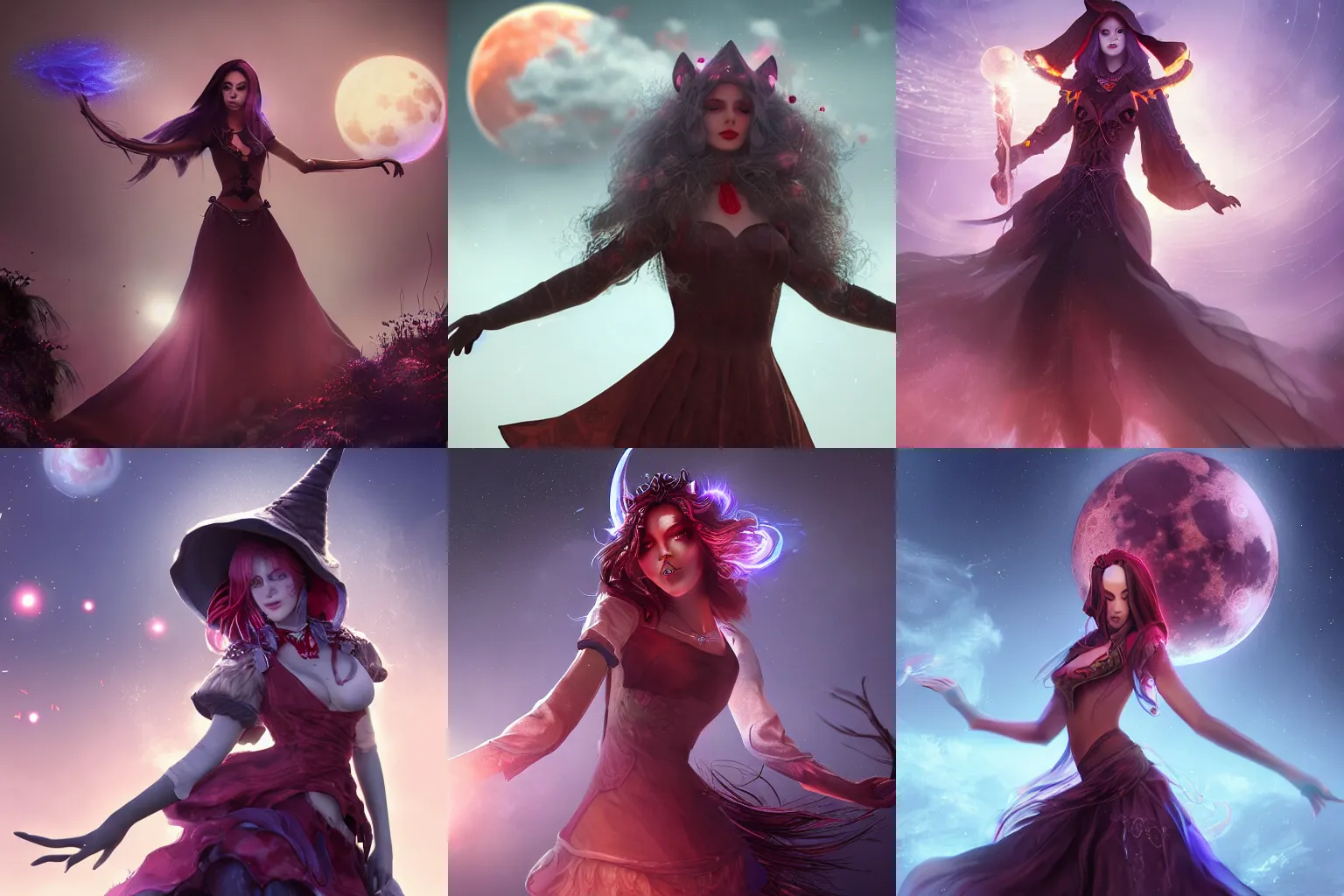 Image similar to a beautiful female bloodmoon witch character, character is in all its glory, character is in her natural relaxed pose, full body shot, rim lights, particles and dust in the air, fancy clouds, highly detailed professional photo, dynamic lights, particles are flying, depth of field, trending on artstation, professional illustration, hyper realistic, vray caustics, super detailed, colorful accents, cinematic shot