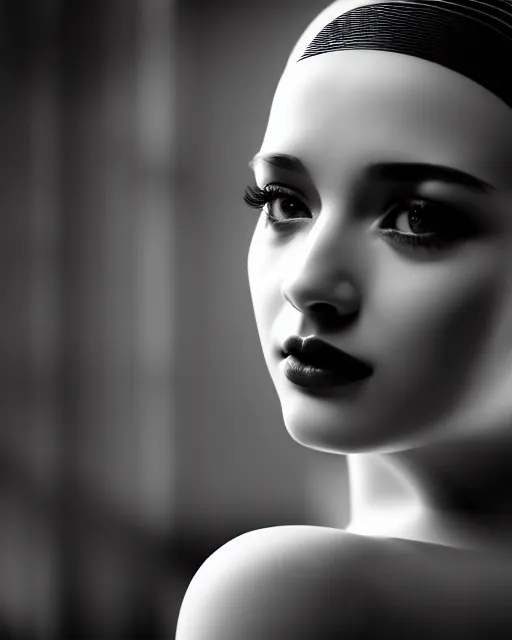 Image similar to black and white dreamy young beautiful female artificial intelligence, metropolis, cinematic, rim light, bokeh, photo - realistic, elegant, high detail, 8 k, masterpiece, photo taken in 1 9 3 0