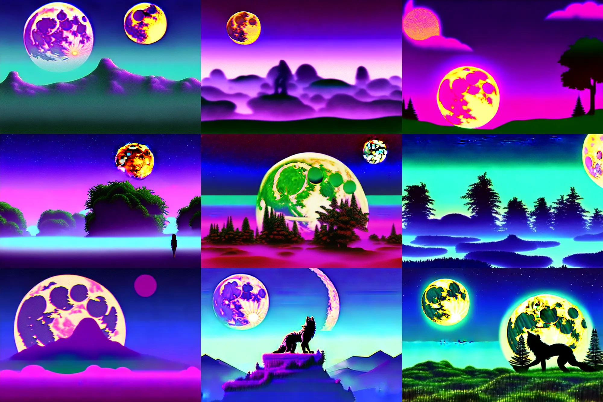 Prompt: A tranquil werewolf vaporwave dreamscape, the land of the endless full moon