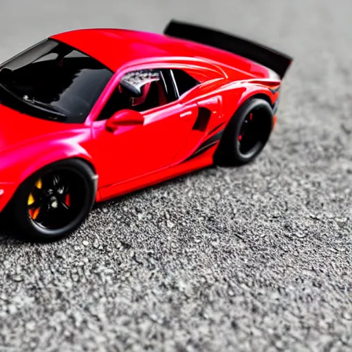 Image similar to a close up of a hotwheel supercar it has a red and black paint job, photoreal, car photography, hotwheels, award winning, supercar