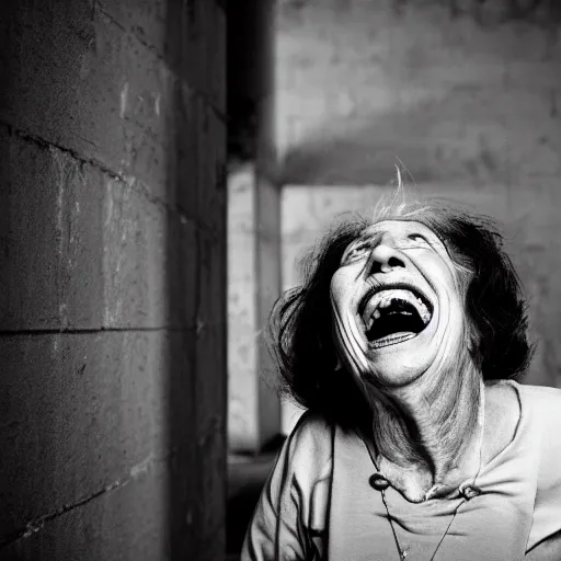 Image similar to scary old lady laughing in an abandoned prison, security camera, black and white, real