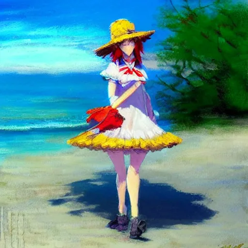 Image similar to Beautiful abstract impressionist painting of Kirisame Marisa from the Touhou project at the beach wearing a maid dress and a hat, touhou project official artwork, danbooru, oil painting by Antoine Blanchard, wide strokes, pastel colors, soft lighting sold at an auction