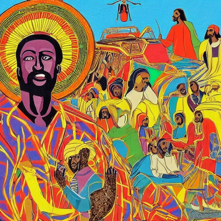 Image similar to UFO hovering over an African Jesus , colourful, in the style of Nigerian truck art (Eagle & Snake, Kano),