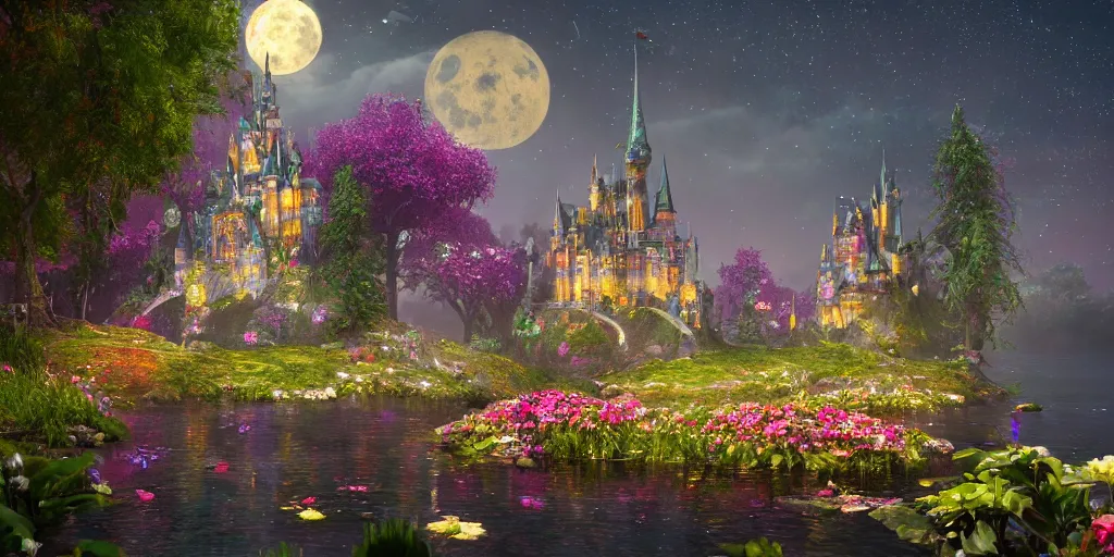 Image similar to a single glittering fairy castle at night, a full moon, water and colourful flowers, extremely detailed oil painting, unreal 5 render, fantasy digital art, octane render, beautiful composition, trending on artstation, award-winning photograph, masterpiece