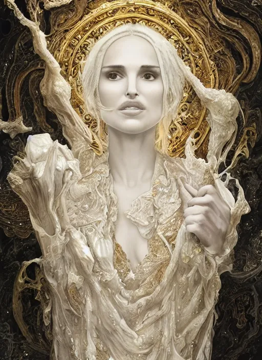 Prompt: beautiful romantic marble sculpture of natalie portman, oil slick, palladium veins, dripping, mandelbulb, hypercube, ivory carving, fractal paisley inlay, lace, intricate, elegant, highly detailed, gold inlay, metallic, ivory, artgerm, lace, by ruan jia, greg rutkowski, mucha, wlop, gil elvgren, nick alm